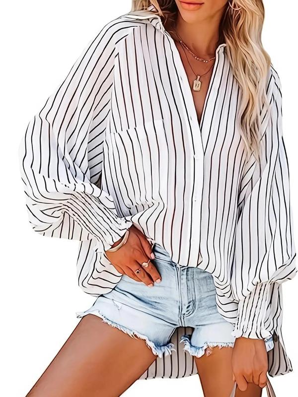 Women's Striped Print Flounce Sleeve Button Front Shirt, Casual Long Sleeve Collared Pocket Top for Spring & Fall, Women's Clothes for Daily Wear, Stockholm Outfit Style