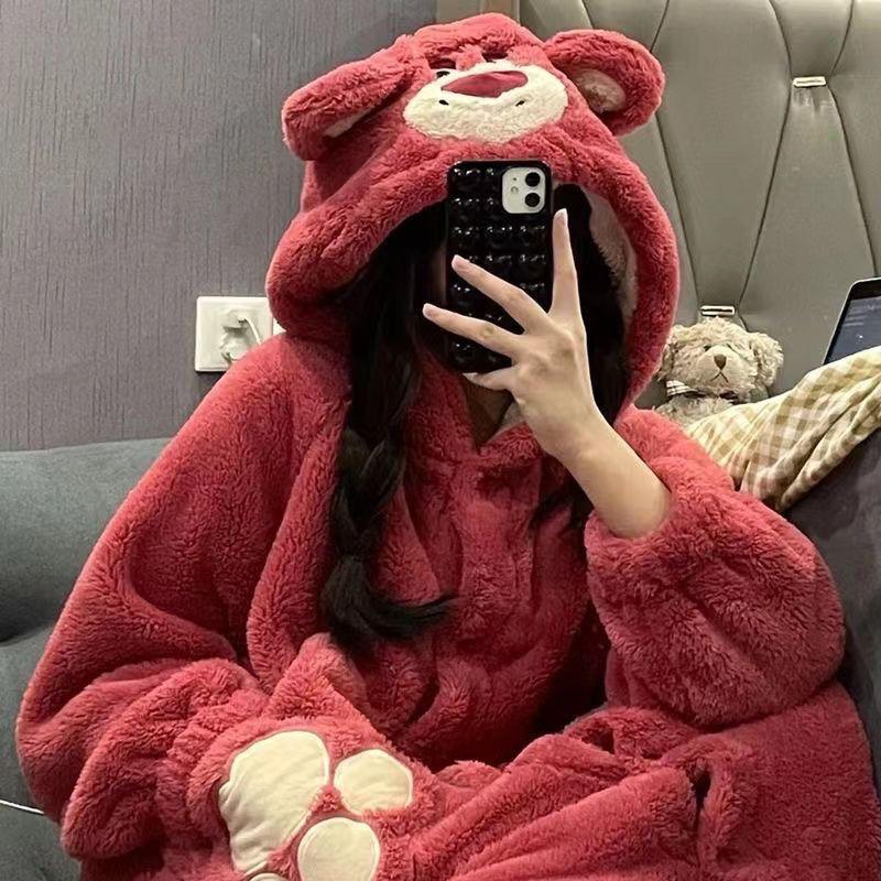 Clow M Pajamas Women's Autumn Fleece-lined Thick Night-Robe Cartoon Cute Student Mid-Length Outerwear Nightdress