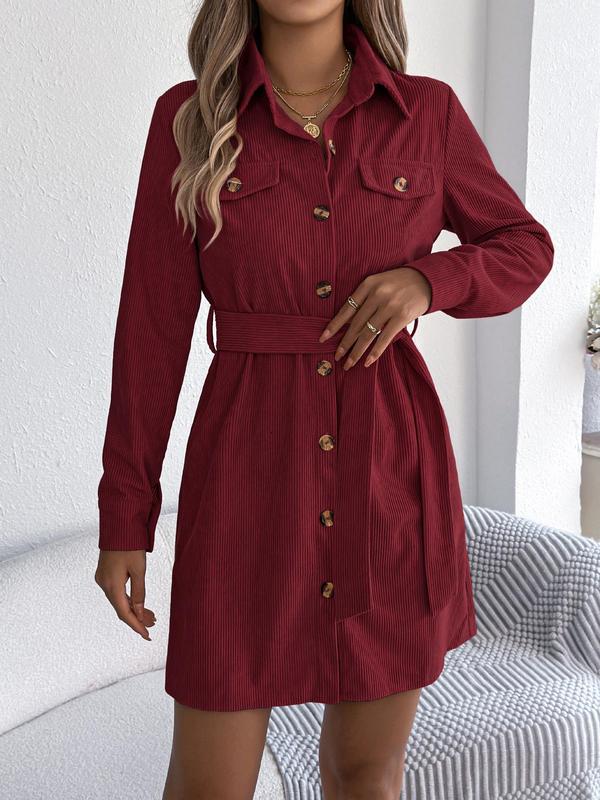 Women's Solid Color Corduroy Dress, Casual Long Sleeve Belted Dress for Fall & Winter, Women's Clothing for Daily Wear