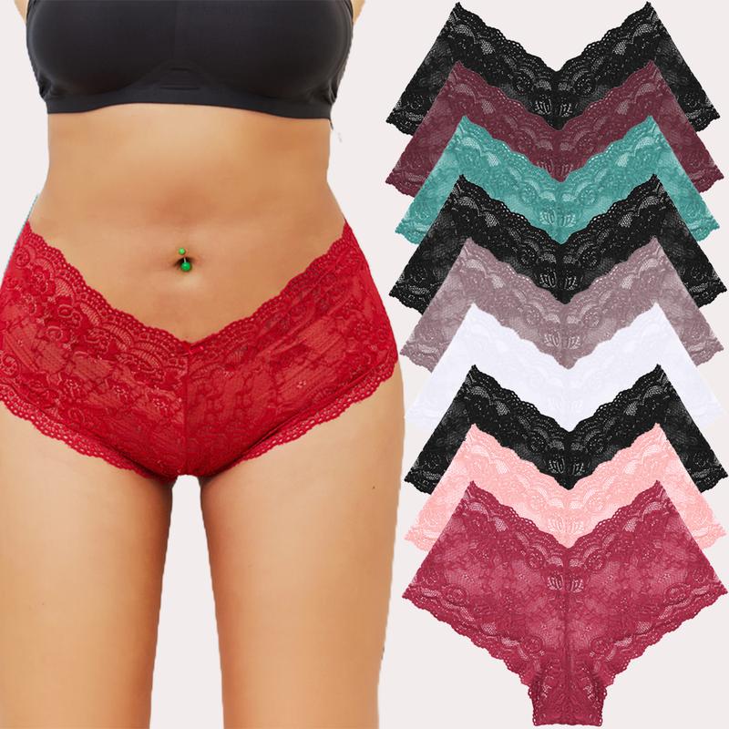 FINETOO 9PCS Sweet Underwear for Women V-Waist Shorts Women' s Underwear Lightweight Soft Lace High Waist Panties