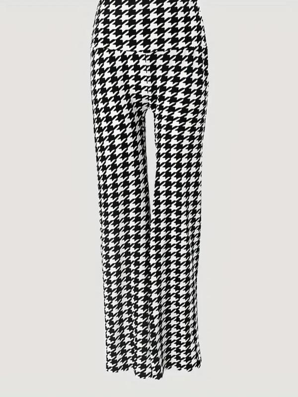 Women's Houndstooth   Plaid Print Elastic Waist Wide Leg Pants, Casual Comfy Trousers for Spring & Fall, Women's Bottoms for Daily Wear