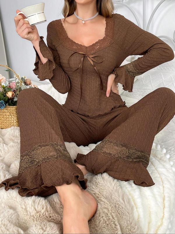 Two-piece Set Women's Contrast Lace Bow Decor Ribbed Pajama, Flounce Sleeve Top & Pants Pj Set,  Pajama Sets Women, Women's Sleepwear for Spring & Fall