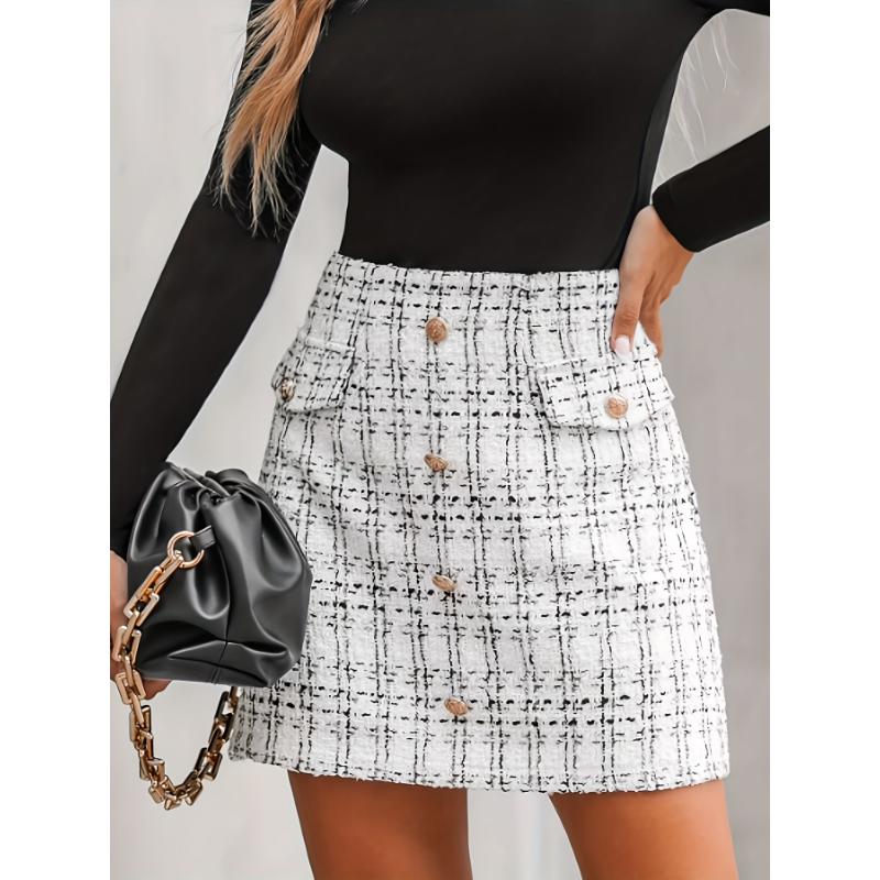 Plaid Pattern Single Breasted Skirt, Elegant High Waist Aline Skirt For Spring & Fall, Women's Clothing