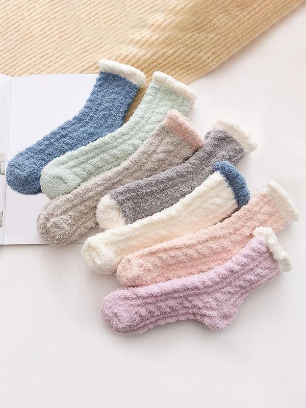 Women's 7 Pairs Colorblock Fuzzy Crew Socks, Stocking Gifts, Soft Comfy Warm Mid-calf Socks for Fall & Winter, Women's Socks for Daily Wear, Women's Gift Set, Cold Weather Gear, Fall Wear, Fallfreshness