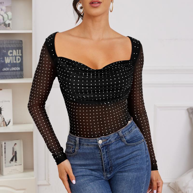 Women's Christmas 2024 Sparkle Rhinestone Bodysuit Top Long Sleeve Turtleneck Soft Sheer Mesh Thong Concert Party Music Festival Glitter Light Body Suits Dance Clothing Outdoors