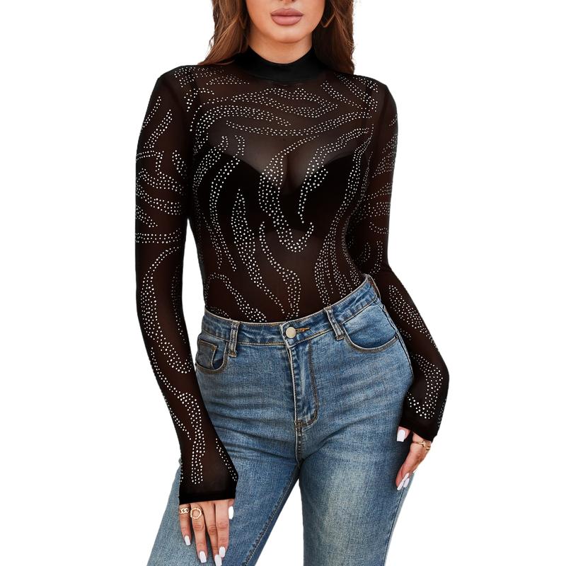 Women's Christmas 2024 Sparkle Rhinestone Bodysuit Top Long Sleeve Turtleneck Soft Sheer Mesh Thong Concert Party Music Festival Glitter Light Body Suits Dance Clothing Outdoors