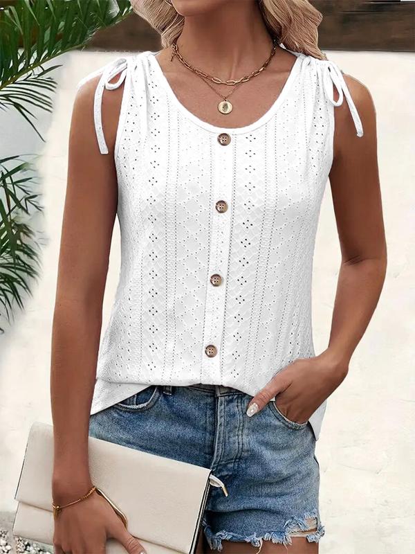 Women's Eyelet Embroidery Drawstring Tie Shoulder Tank Top, Casual Sleeveless Round Neck Button Decor Top, Women's Summer Clothes for Daily Wear, Vacation Outfits 2024