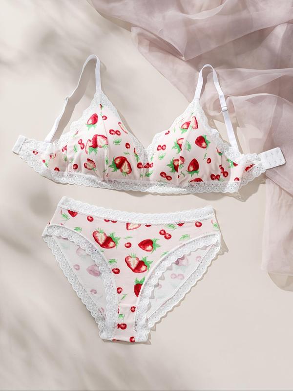 Women's 2 Piece Contrast Lace Scallop Trim Underwear Set, Cute Cherry Print Adjustable Strap Push Up Bra & Panty, Soft Comfortable Underwear Set for All Seasons