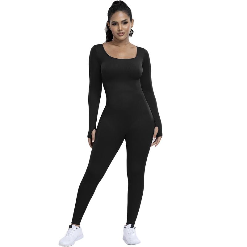 Kabuer Women's High Waisted Ribbed One-Piece Jumpsuit Abdominal Control Slim Womenswear Solid Cotton Skinny Comfort Longsleeves Collar Crew Neck