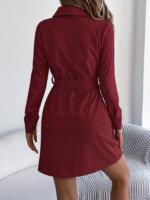 Women's Solid Color Corduroy Dress, Casual Long Sleeve Belted Dress for Fall & Winter, Women's Clothing for Daily Wear