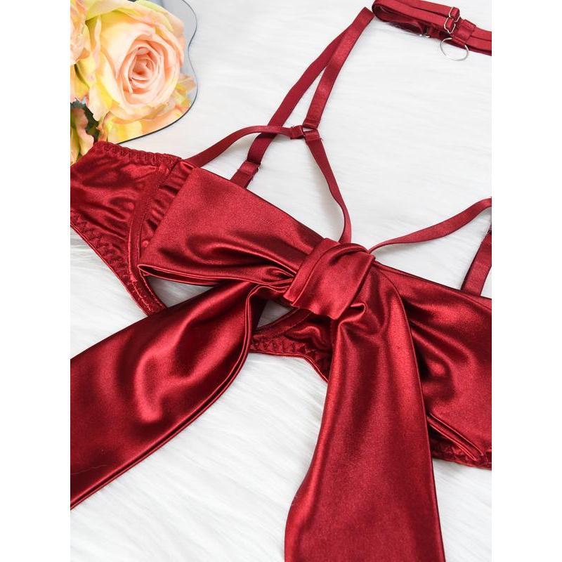 Women's 6pcs Sexy Silk Bow Front Push Up Bra Lingerie Set,Comfortable Underwear, girls conquet te outfit Nightdress Red  Black lingerieset Womenswear Lady sexy Sleepwear Elegance Feminine Basic Minimalist Nightgown Elegant Nightwear Spaghetti Strap