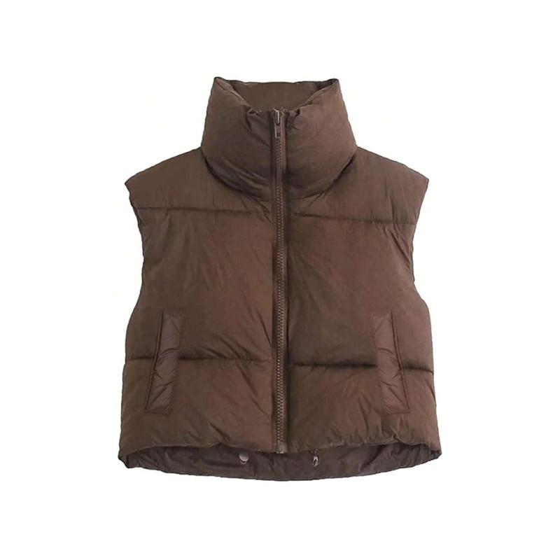 Women Winter Cropped Puffer Vest Lightweight Sleeveless Warm Stand Neck Zipper Outerwear Casual Jacket