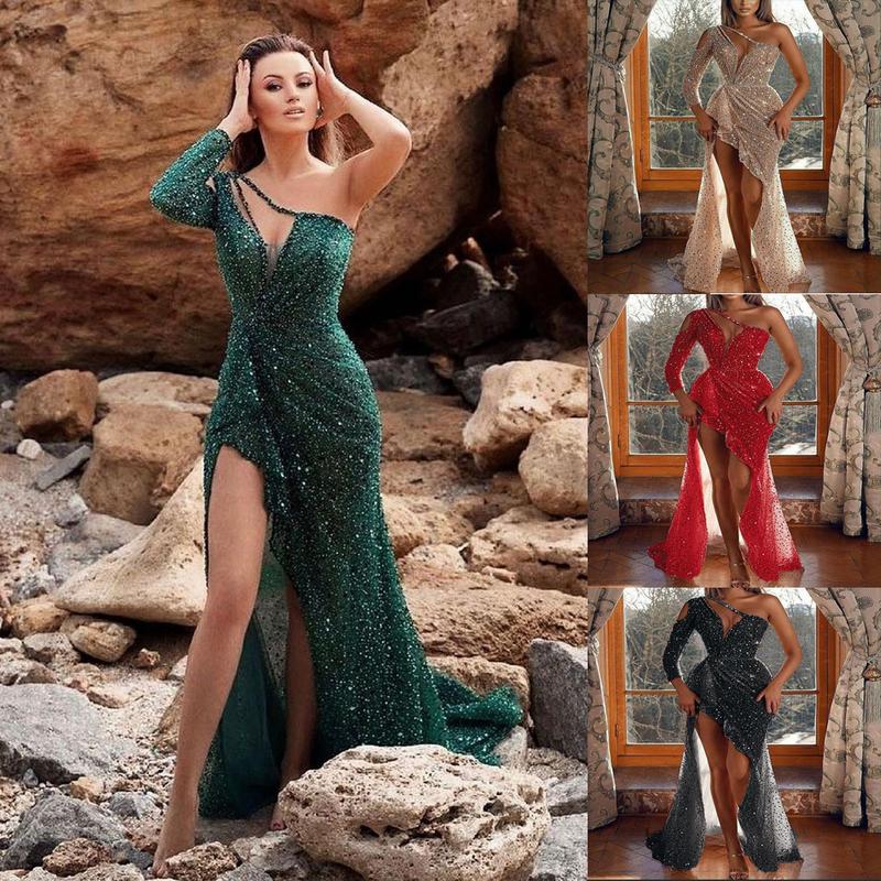 2024 Cross-Border Women's Clothing Dream Socialite Gathering Party Quality Sexy High Split Long Sleeve Sequined Banquet Evening Dress