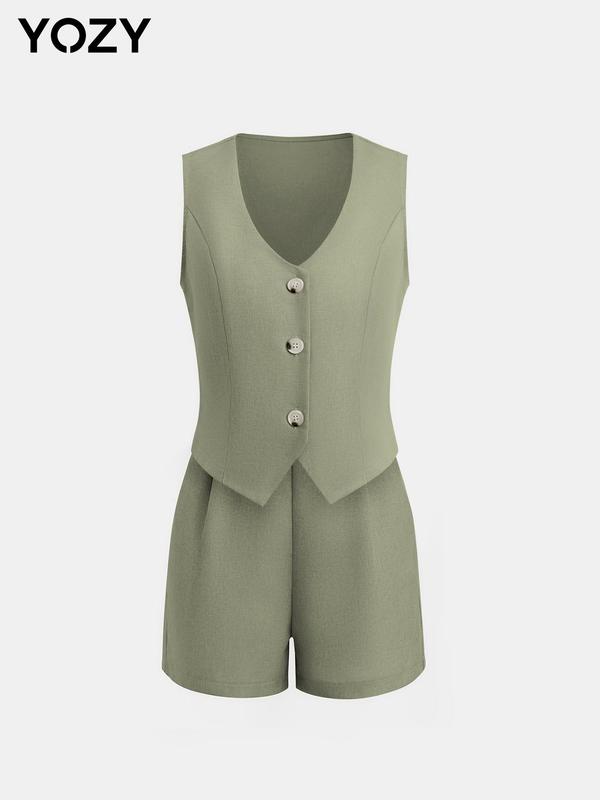 YOZY [9 colors] V Neck Button Front Blazer Vest & Pleated Wide Leg Shorts Set, Elegant Fashion Casual Tank Top & Elastic Waist Shorts Set, 2024 Women's Daily Outdoor Wear for Summer