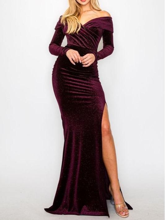 Elena's Elegant Night Dress - Long Sleeve Off Shoulder Fit