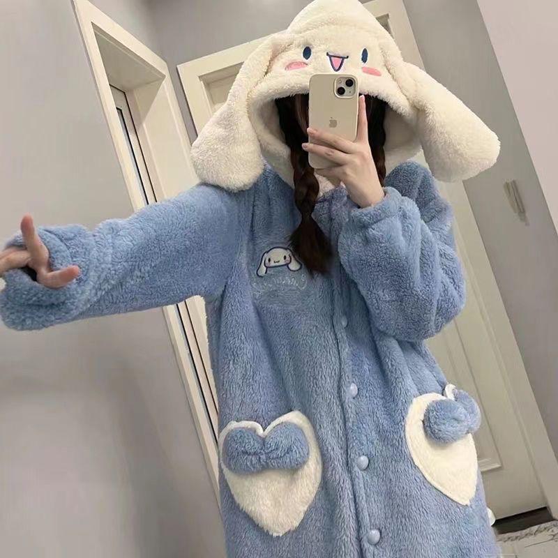 Clow M Pajamas Women's Autumn Fleece-lined Thick Night-Robe Cartoon Cute Student Mid-Length Outerwear Nightdress