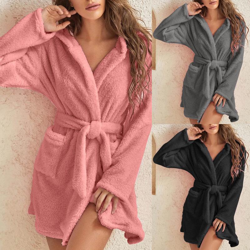 2024 Hot Sale Fall Winter Hooded Home Casual Plush Pajamas Pure Color Warm Keeping Bathrobe Women