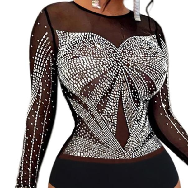 Women's Long Sleeve Silver Studs Rhinestone Bow Sheer Mesh Bodysuits Shirt Turtle Neck Clubwear Party Festival Concert Evening Going Out Thanksgiving Gift Outfit Top Black