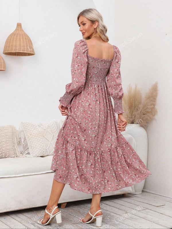 Women's Ditsy Floral Print Shirred Backless A Line Dress, Boho Bishop Sleeve Square Neck Long Dress for Beach Holiday Vacation, Ladies Clothes for All Seasons