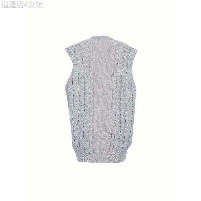 Plus Size Preppy Sweater Vest, Women's Plus Solid Argyle Knit V Neck Slight Stretch Vest Collar Fabric