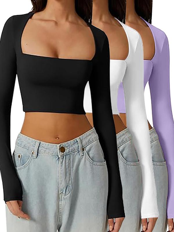 Women's Solid Scoop Neck Crop Tee, Casual Long Sleeve T-shirt for Spring & Fall, Mitsy Crop Top, T Shirts for Women, Women's Tops Clothes for Daily Wear