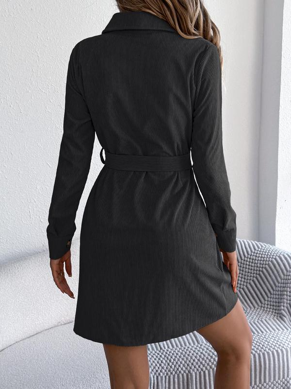 Women's Solid Color Corduroy Dress, Casual Long Sleeve Belted Dress for Fall & Winter, Women's Clothing for Daily Wear