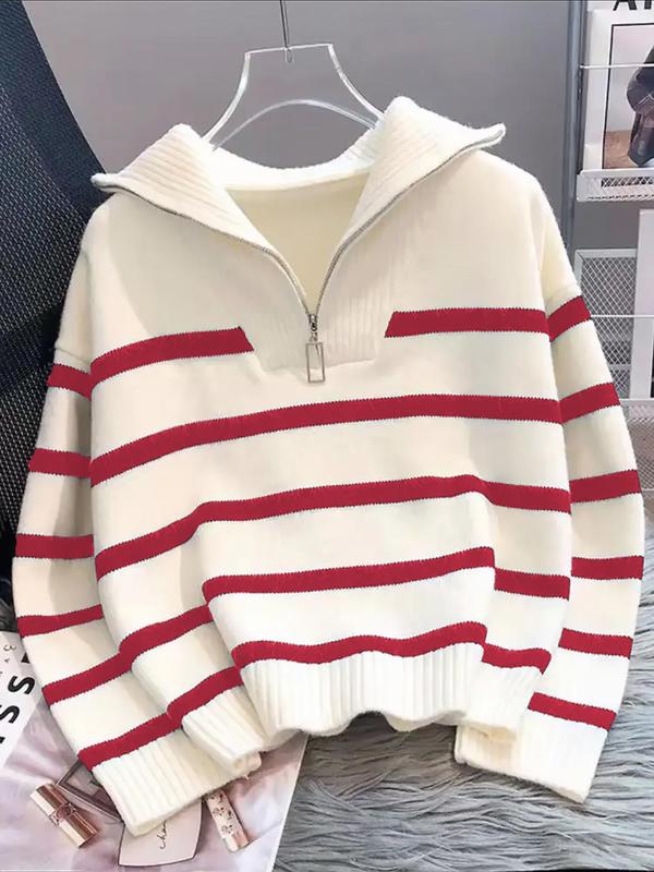 Women's Striped Print Zipper Drop Shoulder Sweater for Spring, Casual Long Sleeve Collared Jumper for Daily Outdoor Wear, Women's Knitwear Top for Fall, Downtown Girl Clothes