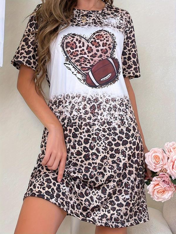 Women's Leopard Heart & Football Print Round Neck Nightdress, Casual Soft Comfortable Short Sleeve Nightgown for All Seasons, Lady's Sleepwear for Indoor Wear