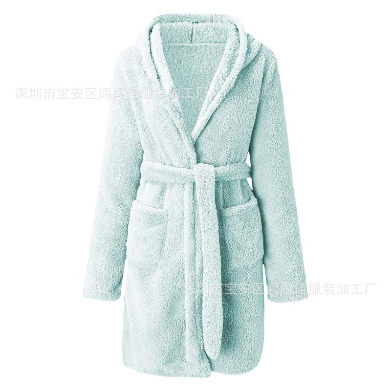 2024 Hot Sale Fall Winter Hooded Home Casual Plush Pajamas Pure Color Warm Keeping Bathrobe Women