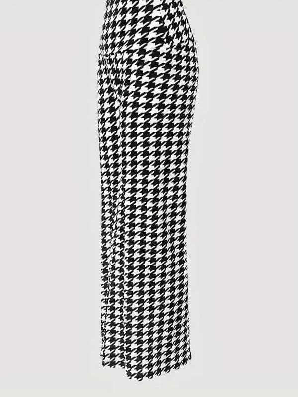 Women's Houndstooth   Plaid Print Elastic Waist Wide Leg Pants, Casual Comfy Trousers for Spring & Fall, Women's Bottoms for Daily Wear