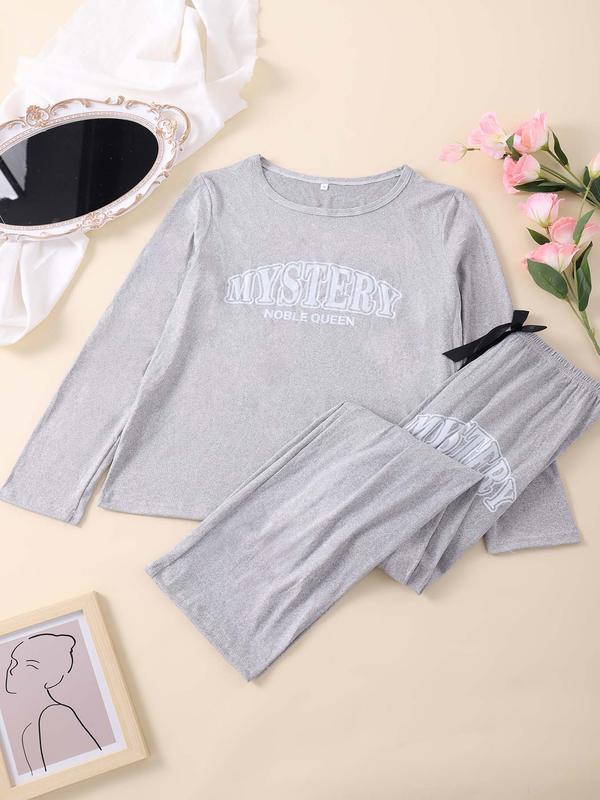 Two-piece Set Women's Letter Print Tee & Elastic Waist Pants Pyjama, Casual Comfy Round Neck Long Sleeve T-shirt & Bow Decor Trousers Pj Set, Ladies Sleepwear for All Seasons