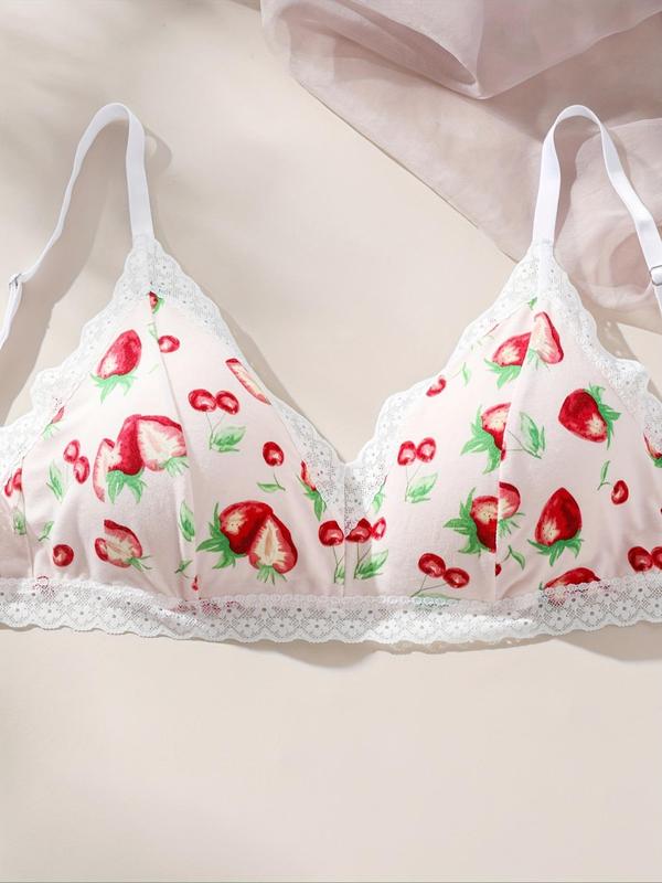 Women's 2 Piece Contrast Lace Scallop Trim Underwear Set, Cute Cherry Print Adjustable Strap Push Up Bra & Panty, Soft Comfortable Underwear Set for All Seasons