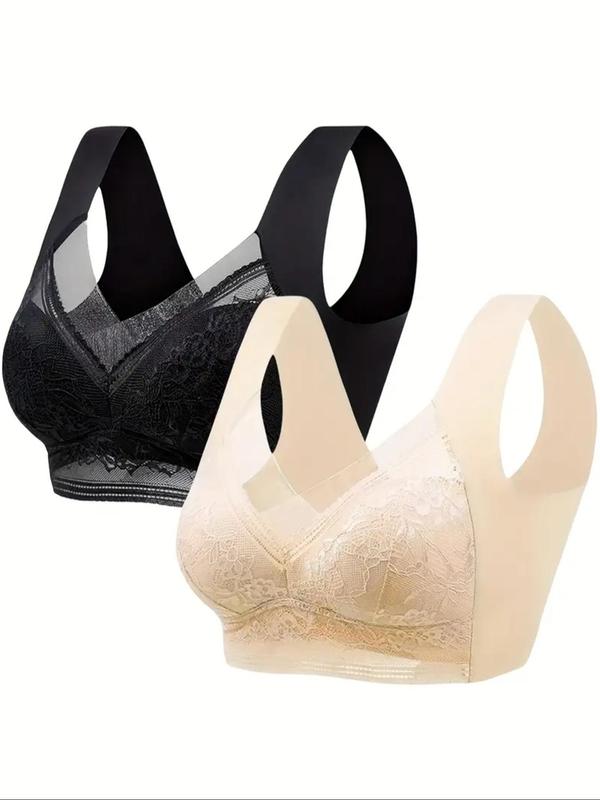 Women's Plain Contrast Floral Lace Wireless Bra, Soft Comfy Breathable Backless Bra, Women's Lingerie for All Seasons, for  Bridal, Fall Clothes 2024