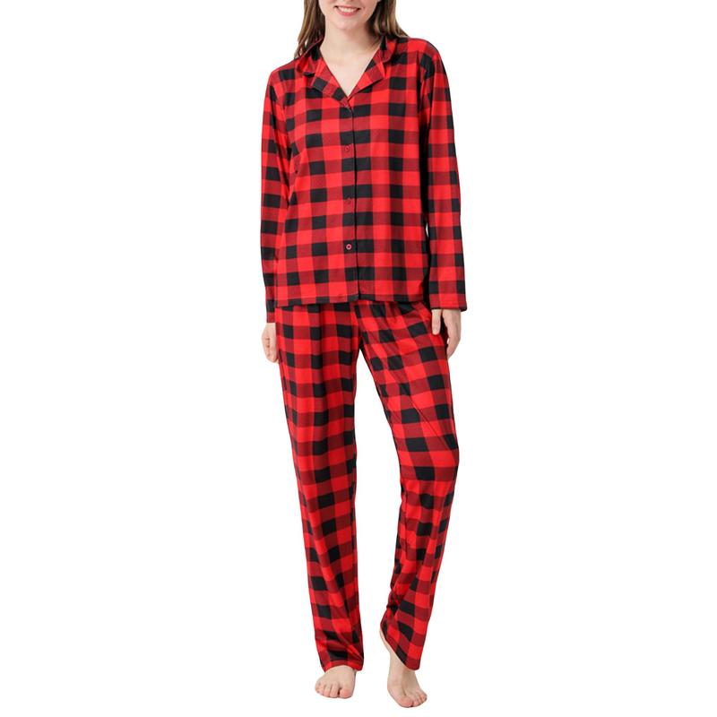 Red Black Matching Christmas Pajamas For Family, Plaid Print Long Sleeve Lapel Shirt, Pants, Dress, Jumpsuit, Dog Triangular Bib