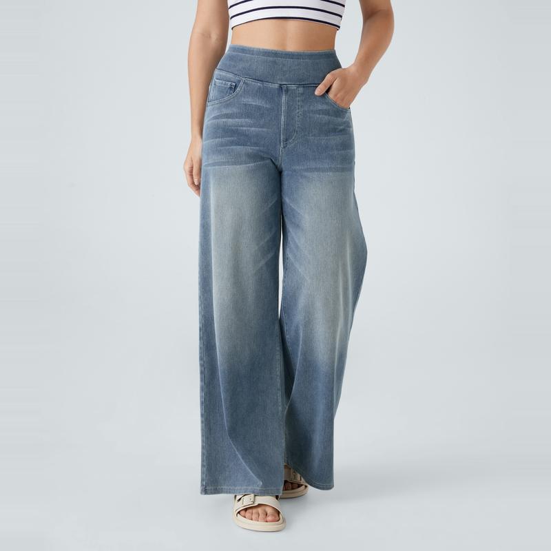 Halara Halara Flex™ High Waisted Multiple Pockets Wide Leg Washed Stretchy Knit Casual Jeans