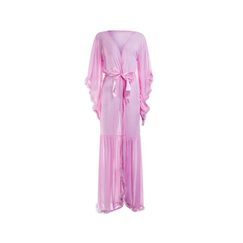 Women Long Sleeve Plush Robe Luxury Kimono See Through Extra Long Babydoll Nightgown Dress