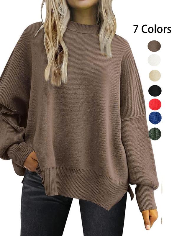 Women's Plain Split Hem Drop Shoulder Sleep Top, Casual Long Sleeve Mock Neck Jumper for Spring & Fall, Fashion Ladies' Knitwear for Daily Wear