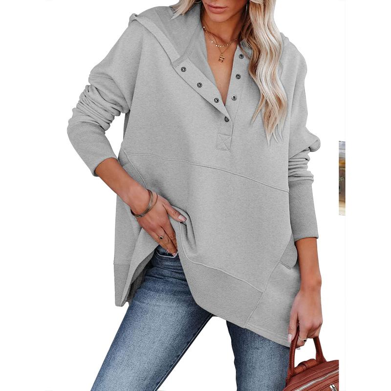 CHICZONE Women Fall Casual Sweatshirts Top Button V Neck Oversized Cotton Basic Henley Pullover Hoodie 2024 Fashion Outfit Clothing Womenswear Sweaters