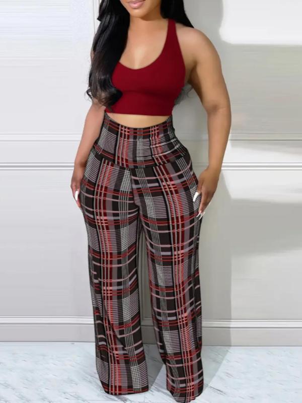 Women's Houndstooth   Plaid Print Elastic Waist Wide Leg Pants, Casual Comfy Trousers for Spring & Fall, Women's Bottoms for Daily Wear