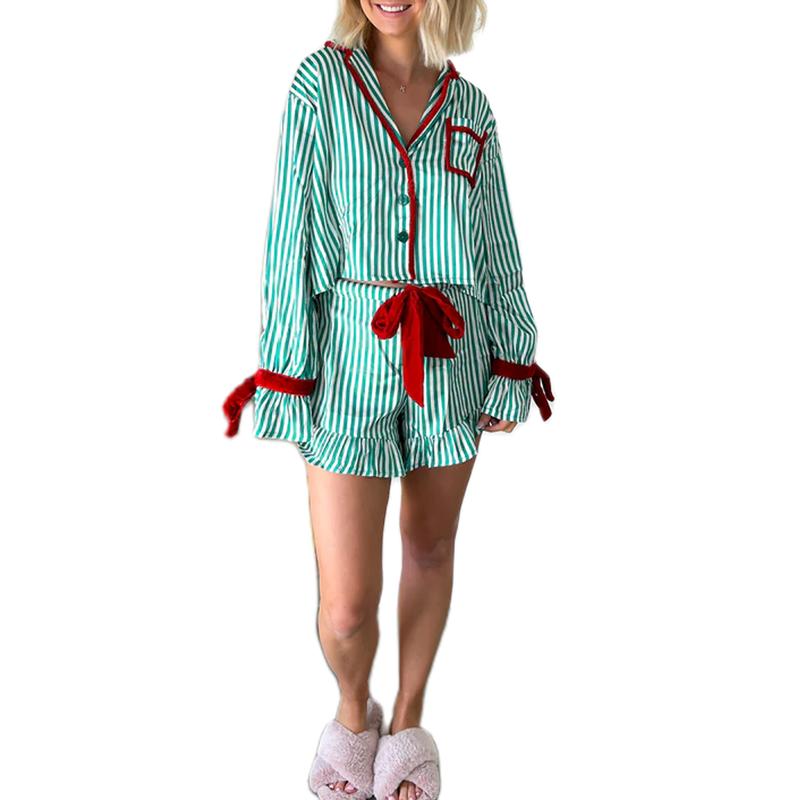 Women Christmas Two Piece Pajama Set Cute Print Long Sleeve Button Down Shirt Elastic Shorts Holiday Sleepwear