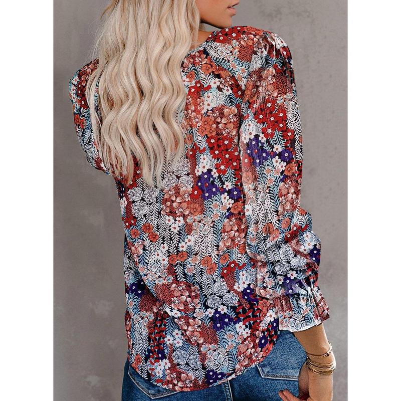 Dokotoo Women's Casual Boho Floral Printed V Neck Tops Drawstring Short Long Sleeve T Shirt Blouses