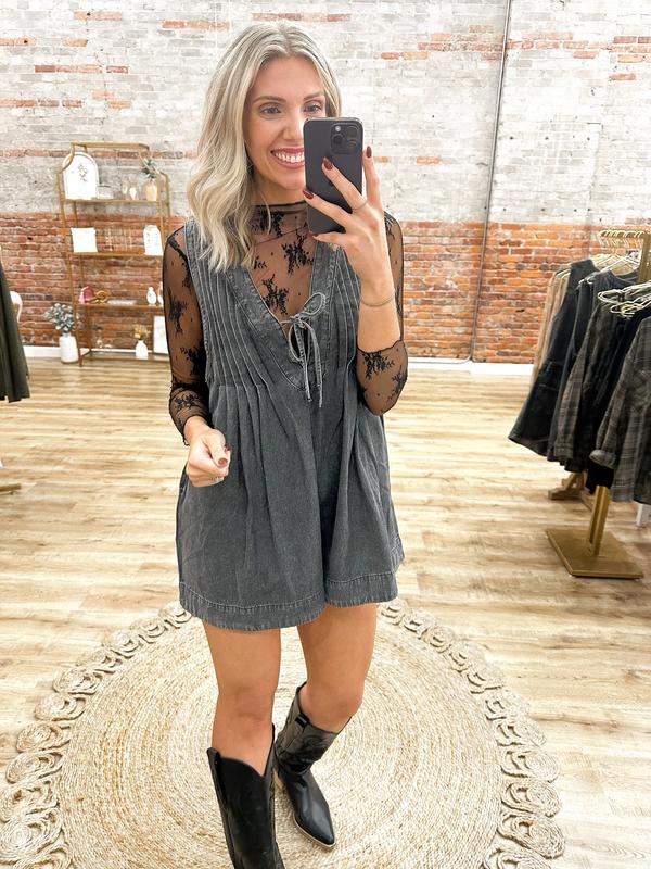 Southern Belle Pleated Denim Romper - Black