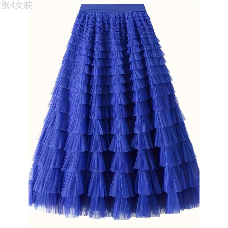 Solid Layered Ruffle Mesh Trim Skirt, Elegant High Waist Skirt For Spring & Fall, Women's Clothing Fabric Womenswear