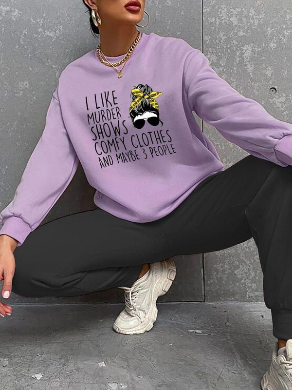 Women's Cartoon & Letter Print Crewneck Long Sleeve Sweatshirt, Back To School Outfits, Lady Casual Soft Comfort Fashion Round Neck Pullover for Fall & Winter, Summer Outfits 2024, Fall Tops, Lady's Comfortable Tops Clothes for Daily Wear, Womenswear