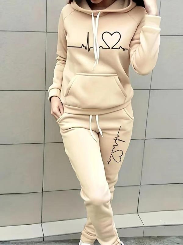 Two-piece Set Women's Heart Print Raglan Sleeve Hoodie & Drawstring Waist Sweatpants Set, Casual Long Sleeve Hooded Pullover & Pocket Jogger Pants, Two Piece Set Women, Women's Fall & Winter Clothes