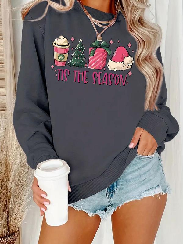 Women's Christmas Themed Letter Print Drop Shoulder Sweatshirt, Casual Long Sleeve Round Neck Pullover for Daily Wear, Ladies Clothes for All Seasons