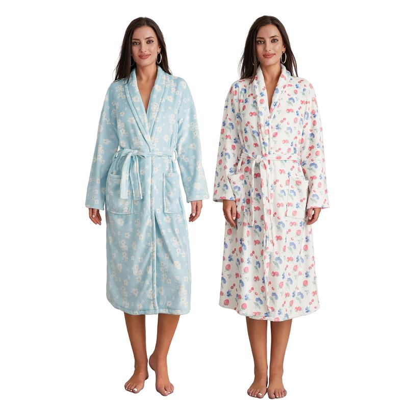 Women Dressing Gown Flannel Robe Floral Print Shawl Collar Bathrobe for Hotel Spa Party Kimono Robe with Belt