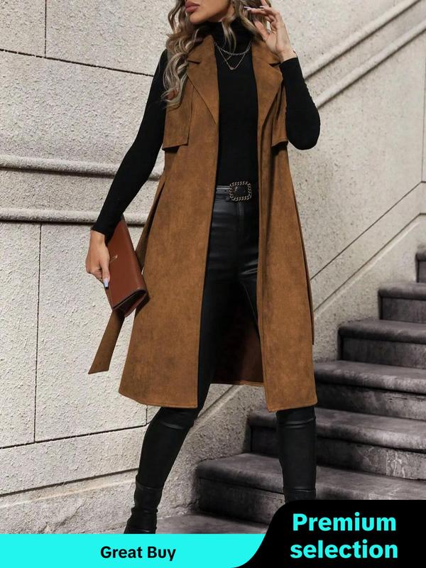 Women's Solid Lapel Belted Vest Coat, Coats for Women, Casual Fashion Longline Outerwear for Daily Outdoor Wear, Women's Clothing for Fall & Winter, Going Out Outfits