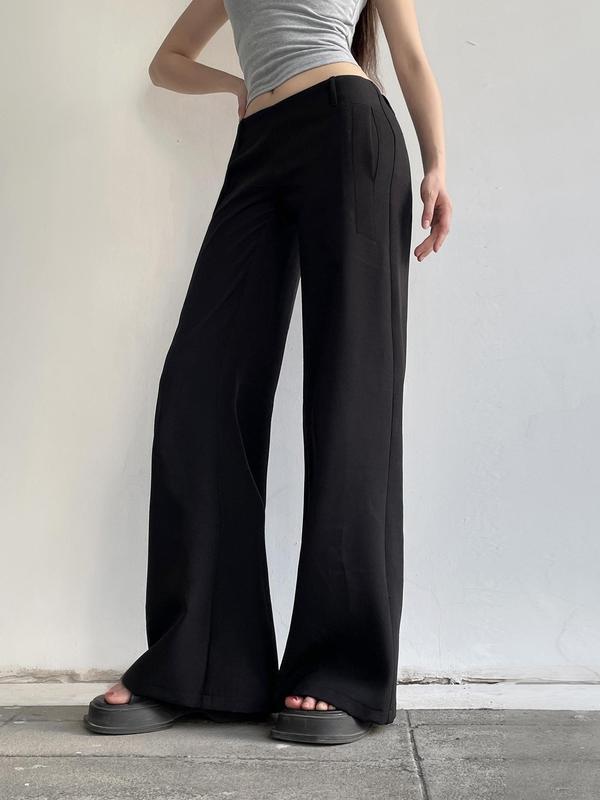 Women's Plain Pocket Zipper Wide Leg Pants, Casual Comfy Trousers for Daily Wear, Ladies Bottoms for Summer