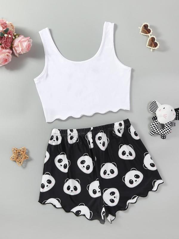 Women's Chic Halloween Skull Panda Halloween Print Lettuce Trim Graphic Loungewear Pajama Set, Lady Casual Comfortable Sleeveless Crop Tops & Shorts Set, Women's Sleepwear for Summer Homewear, All-match Wear, Womenswear Pajama